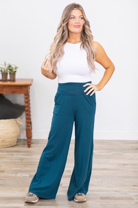 Teal Wide Leg Pull On Pants