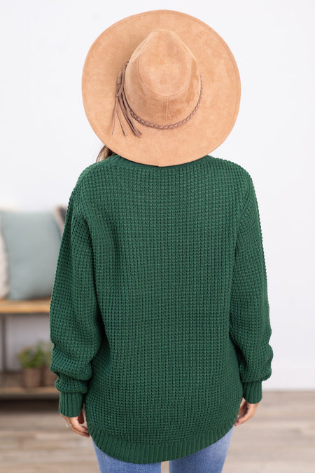 Green Waffle Knit Round Hem Sweater - Filly Flair