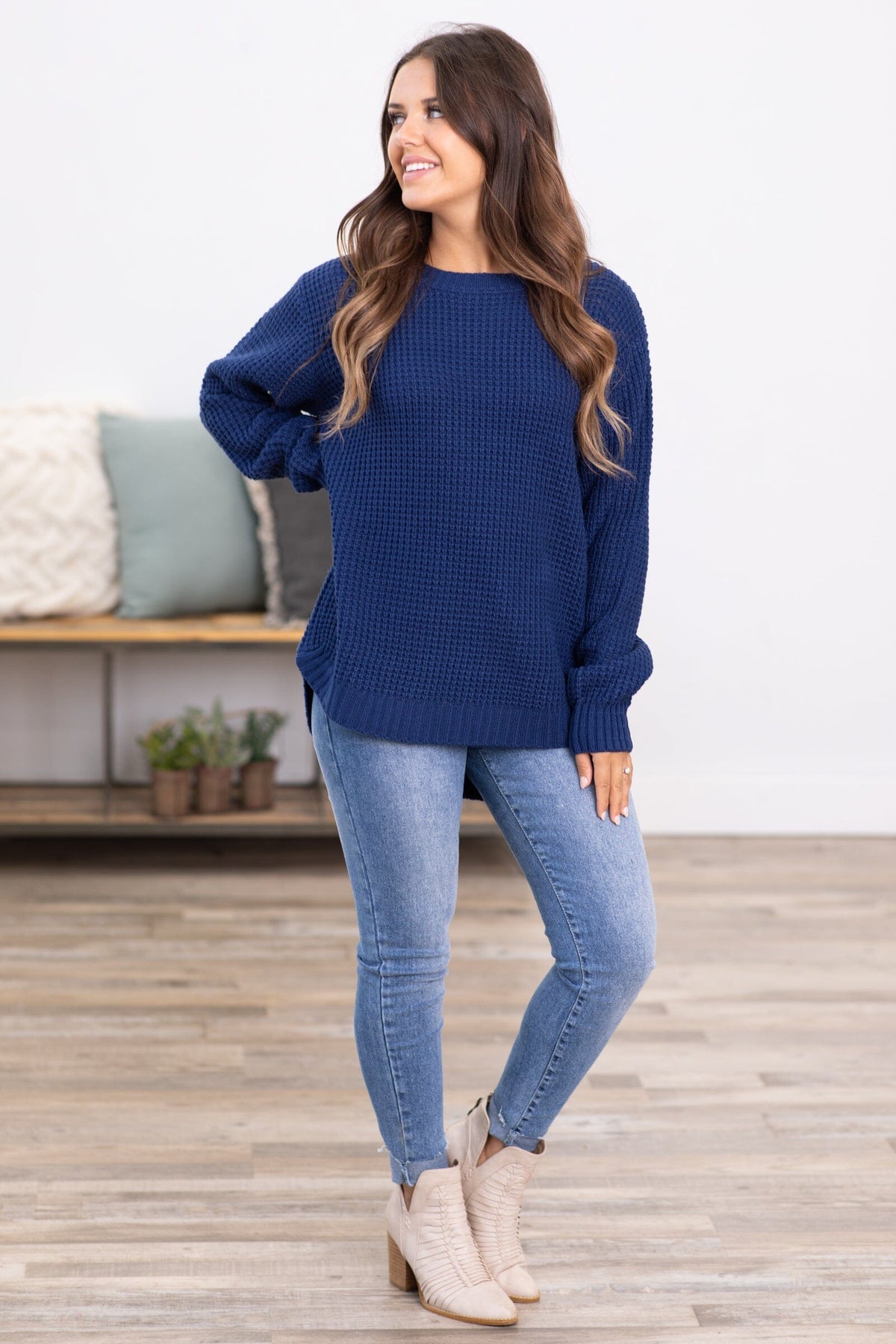 Navy Waffle Knit Round Hem Sweater · Filly Flair 8042