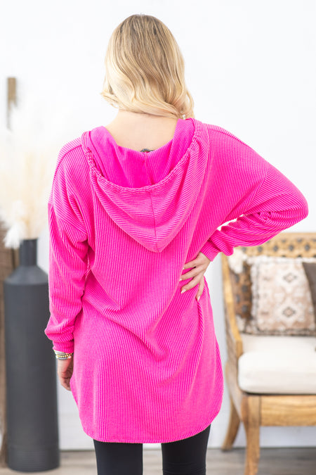 Ribbed V-Neck Hooded Long Sleeve Top