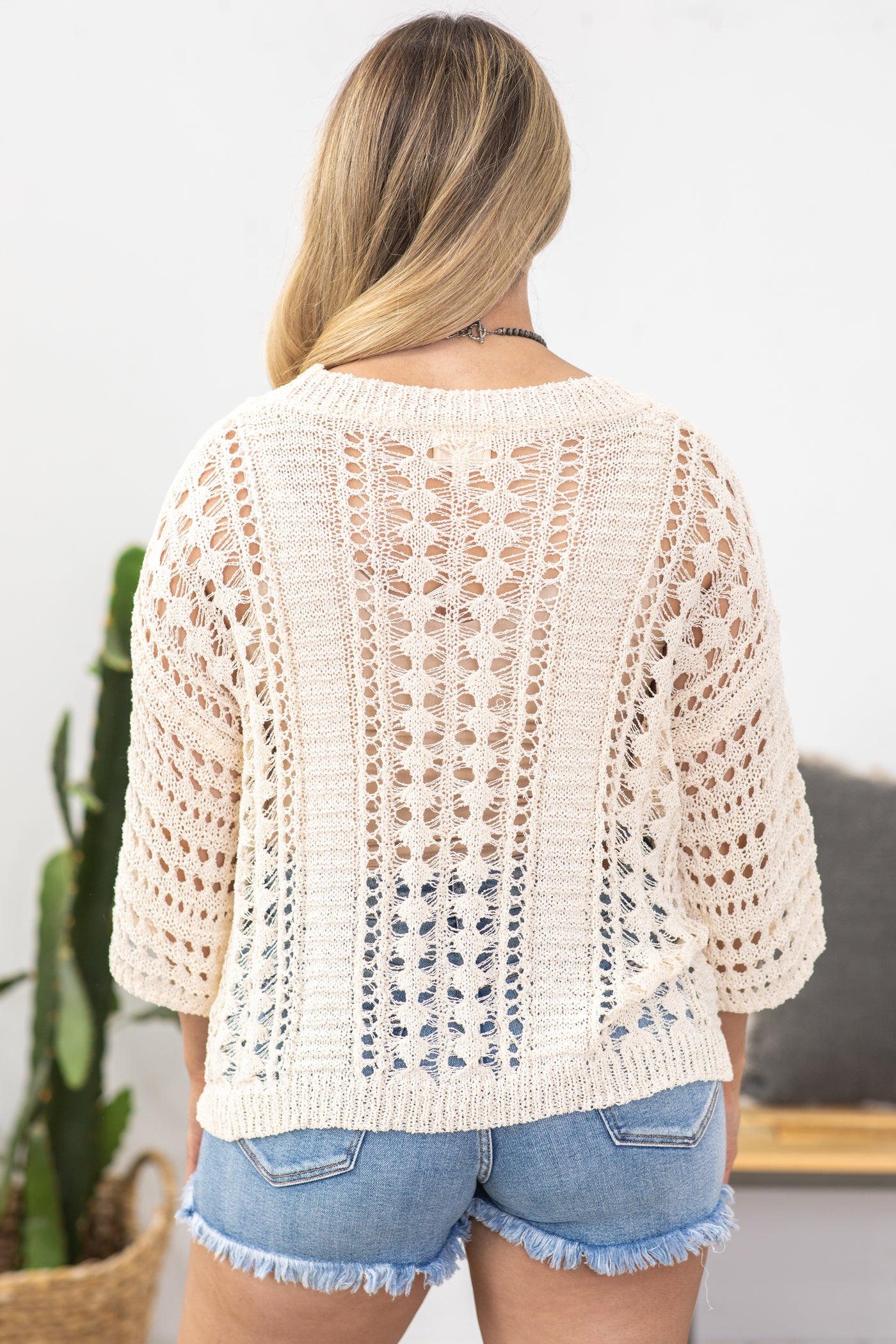 Beige Crochet Knit Half Sleeve Top