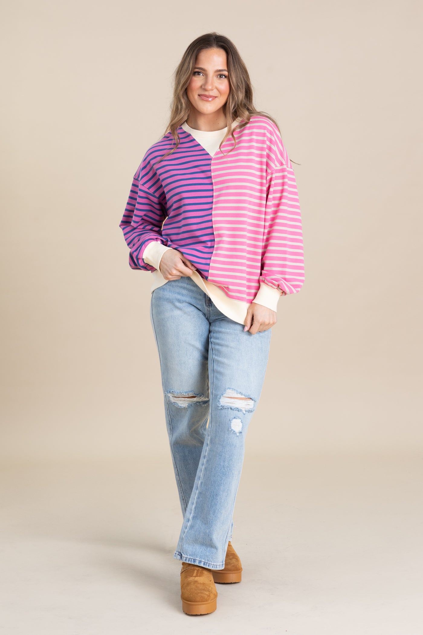 Pink And Orchid Stripe Colorblock Knit Top