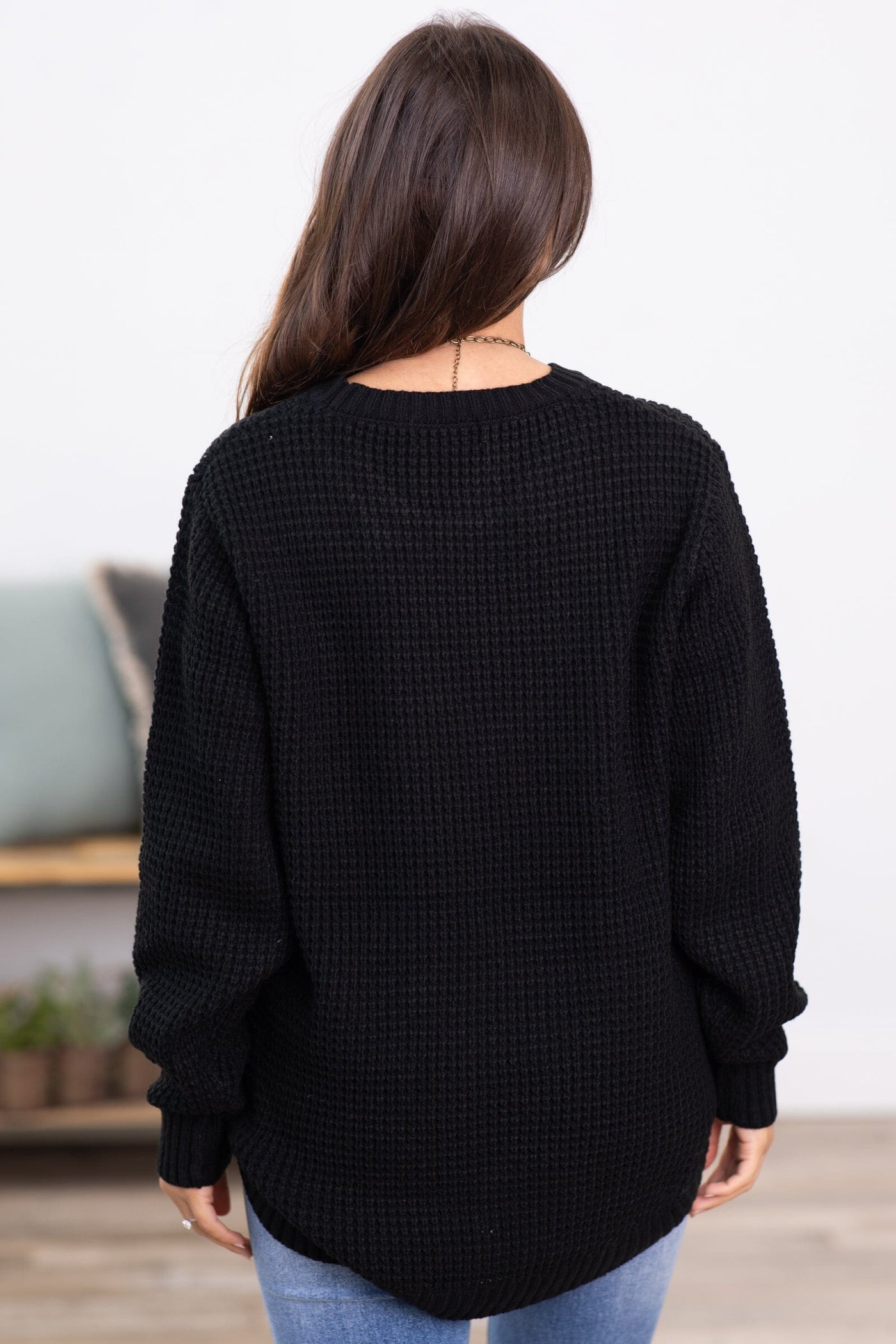 Black Waffle Knit Round Hem Sweater - Filly Flair