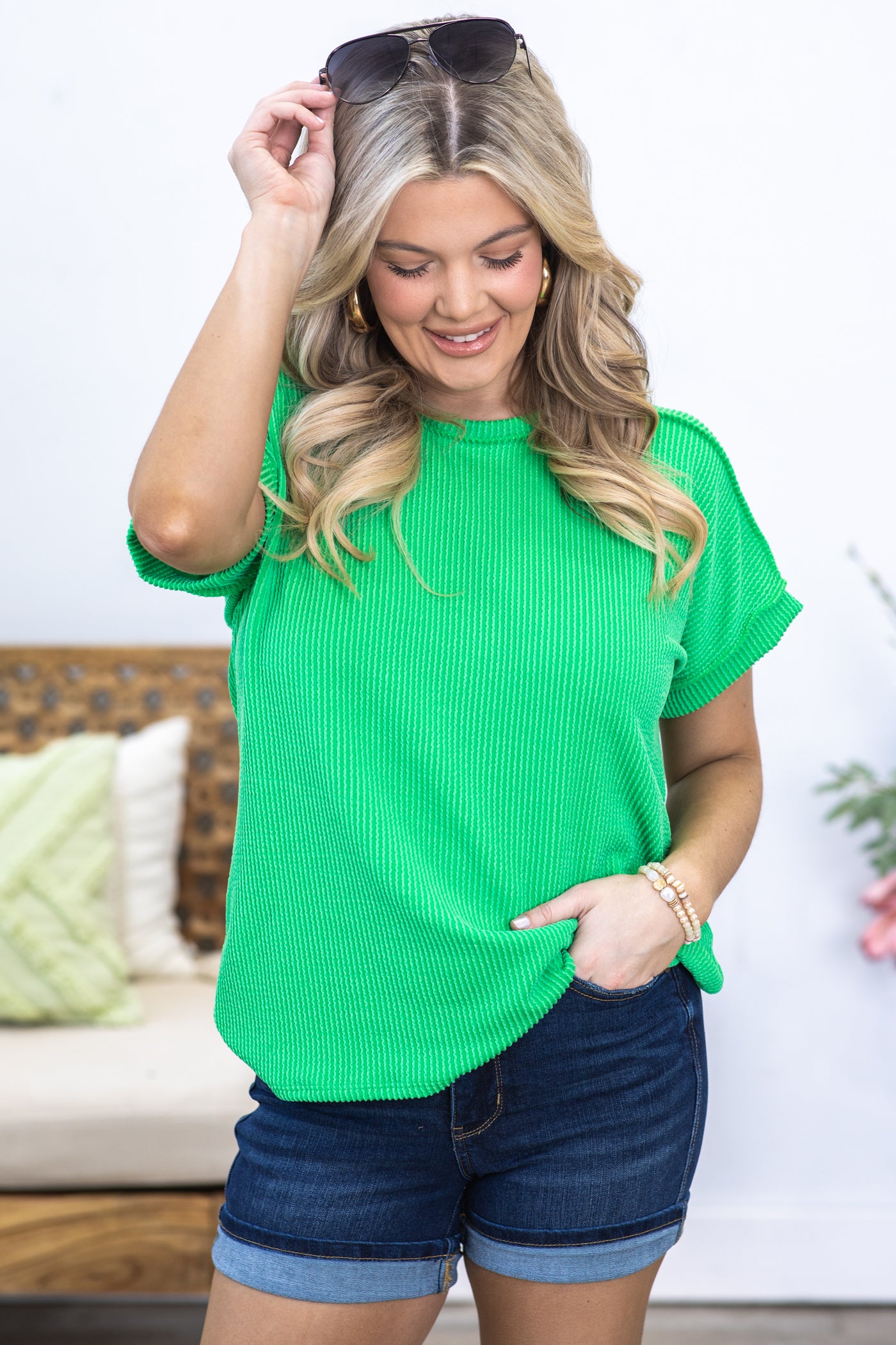 Ribbed Short Sleeve Crew Neck Top