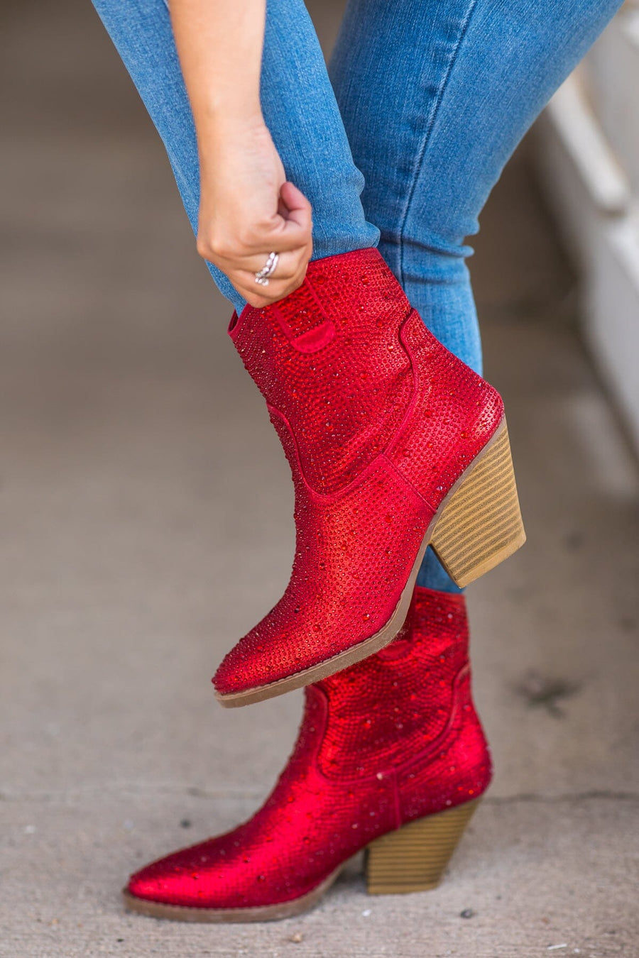 Red Rhinestone Point Toe Western Bootie - Filly Flair