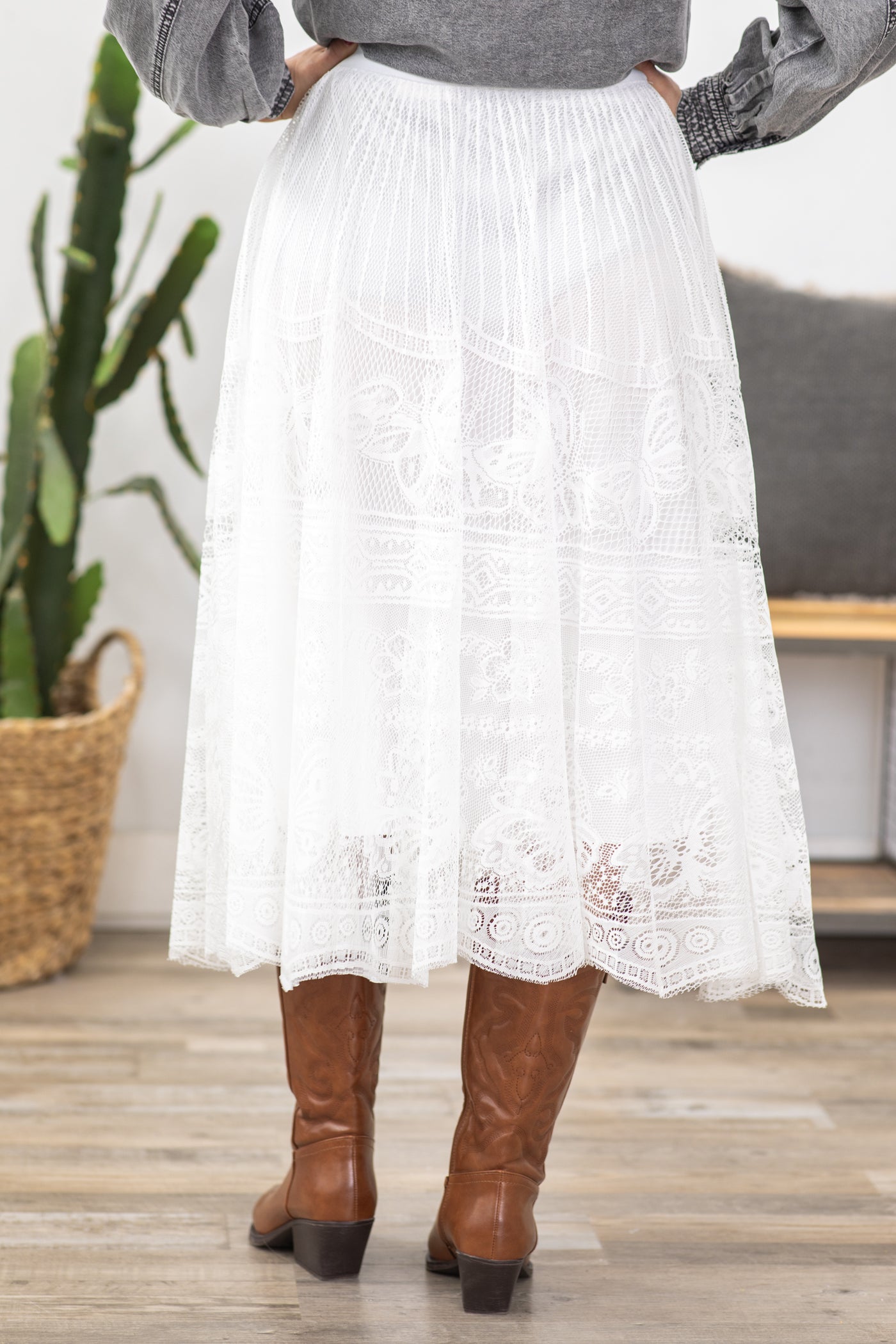 White Elastic Waist Raw Hem Lace Maxi Skirt