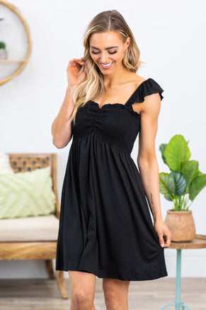 Black Smocked Bodice Sweetheart Neck Dress - Filly Flair