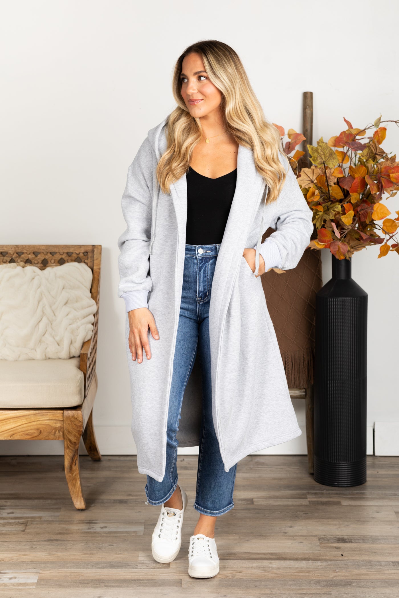 Long Drawstring Hoodie Cardigan