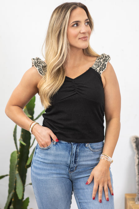 Black With Ivory Shoulder Detail Knit Top