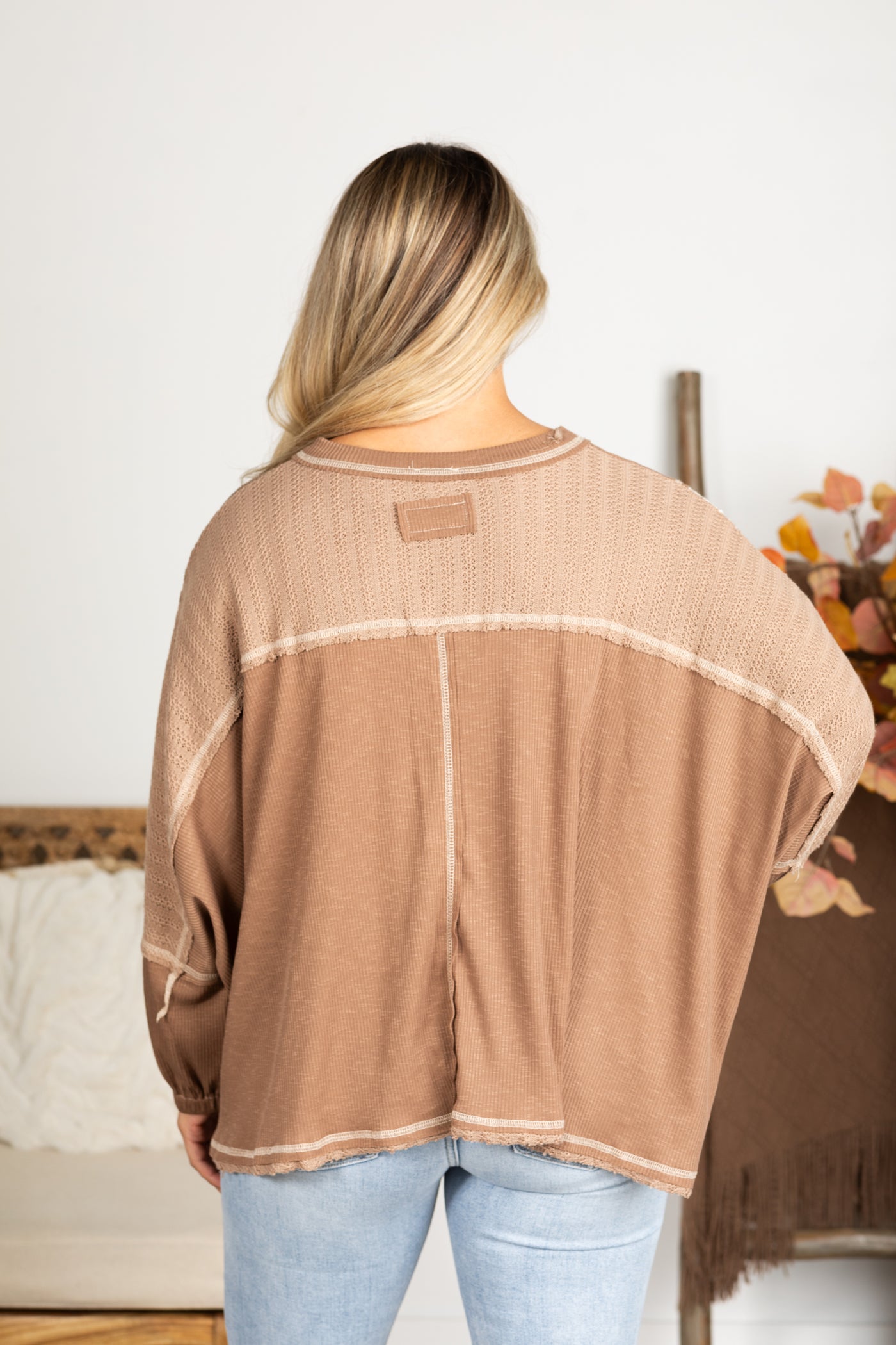 Mocha V-Neck Overlock Stitch Ribbed Knit Top