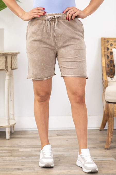 Mocha Mineral Washed Drawstring Shorts