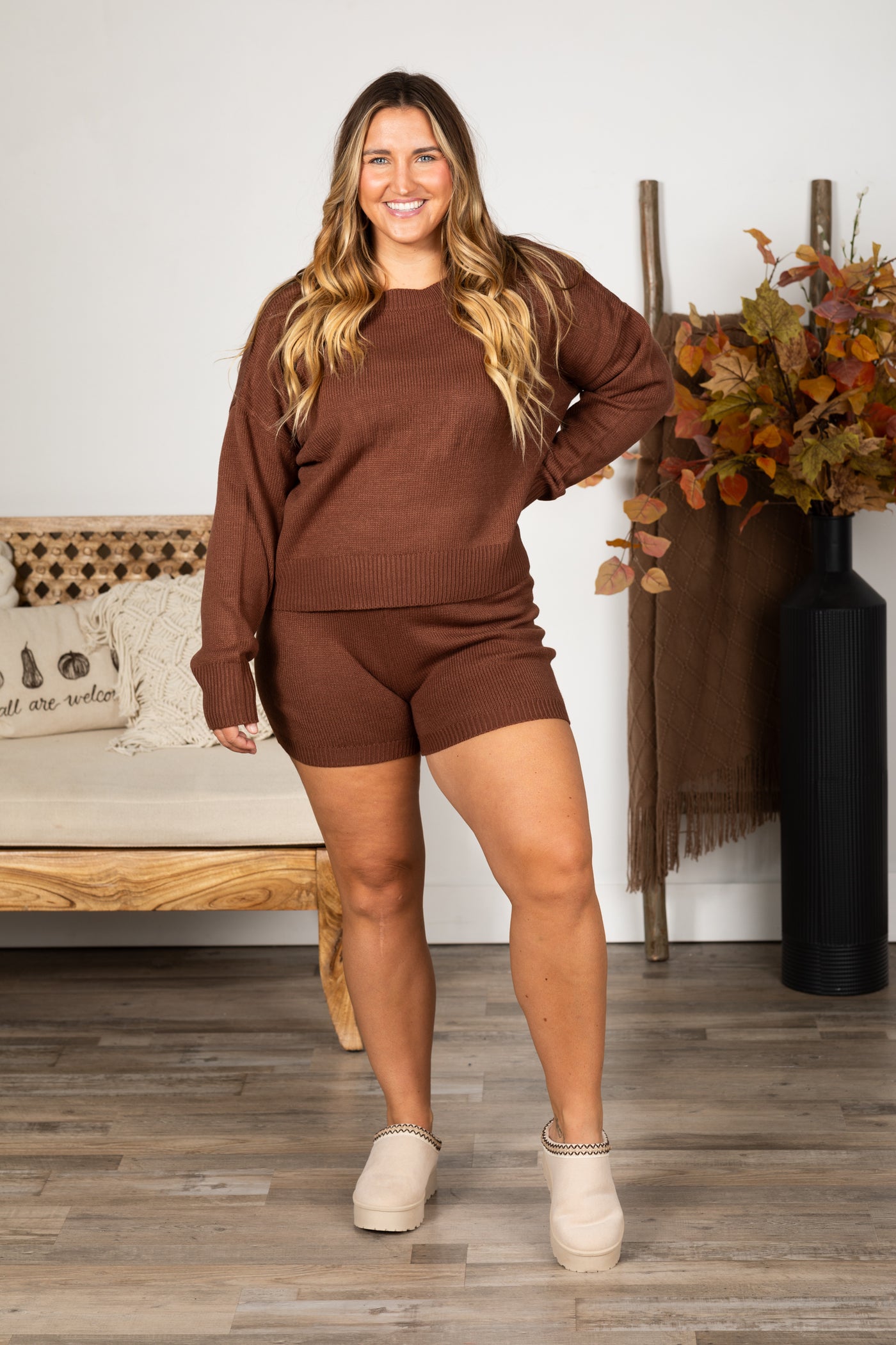 Brown Sweater and Shorts Set