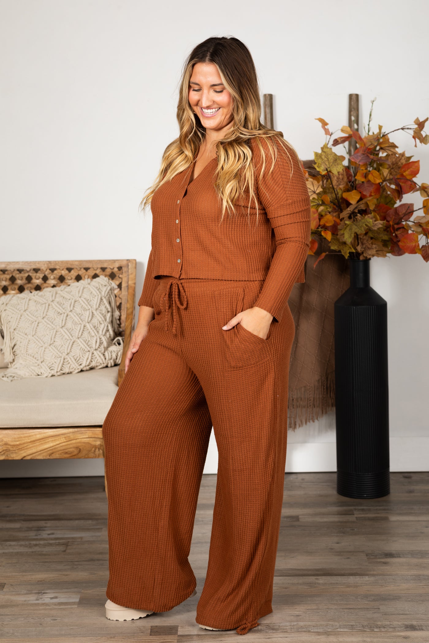 Waffle Button Front Top And Pants Set