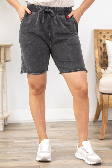 Black Mineral Washed Drawstring Shorts