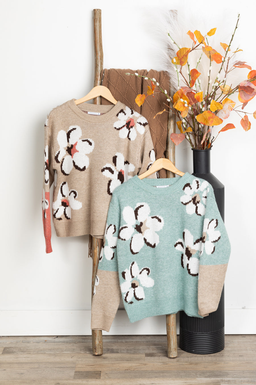 Flower Intarsia Two-Tone Sweater