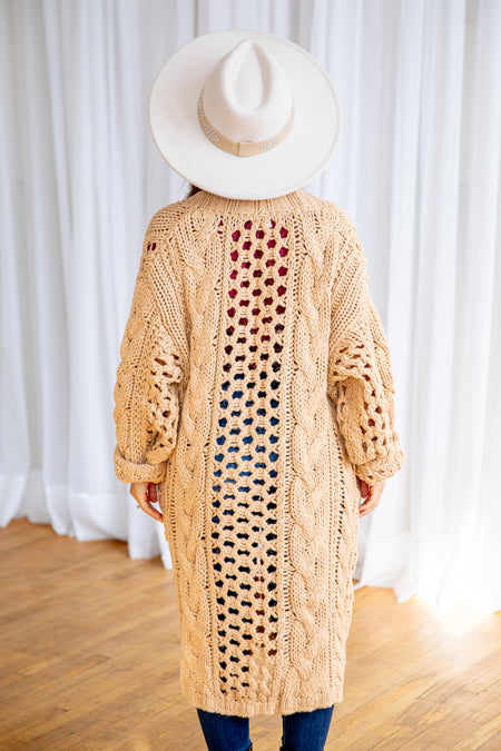 Tan Fishnet Sleeve Long Cardigan