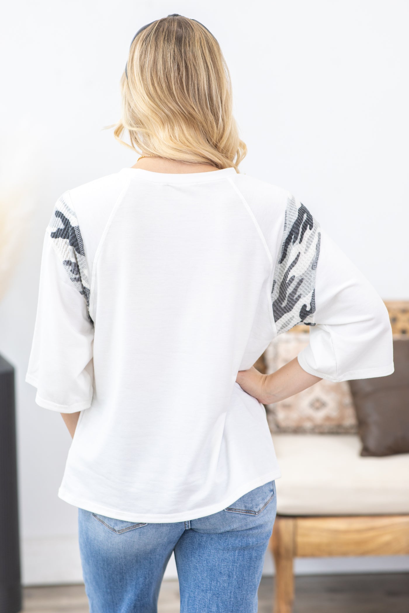 White With Black Camo Half Sleeve Knit Top