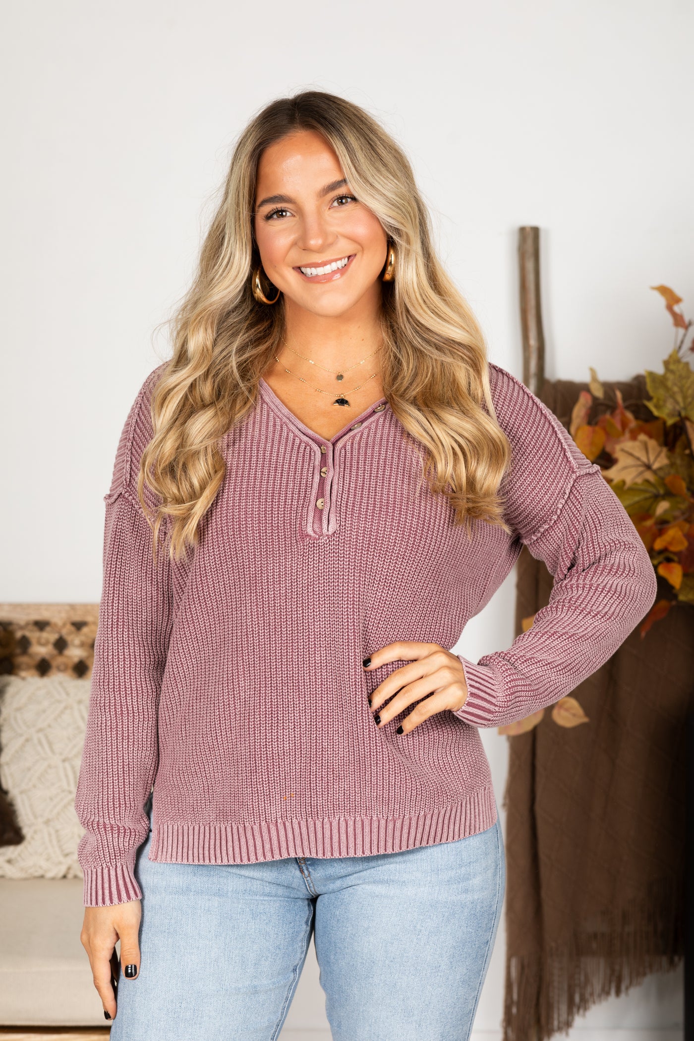 Washed Yarn V-Neck Button Detail Sweater