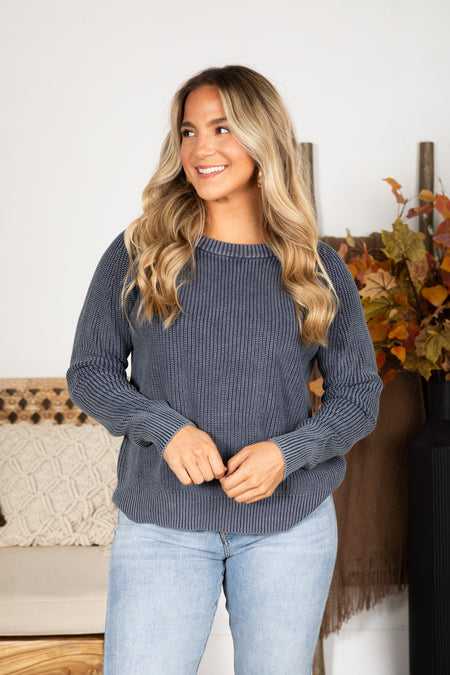 Washed Yarn Crewneck Pullover Sweater