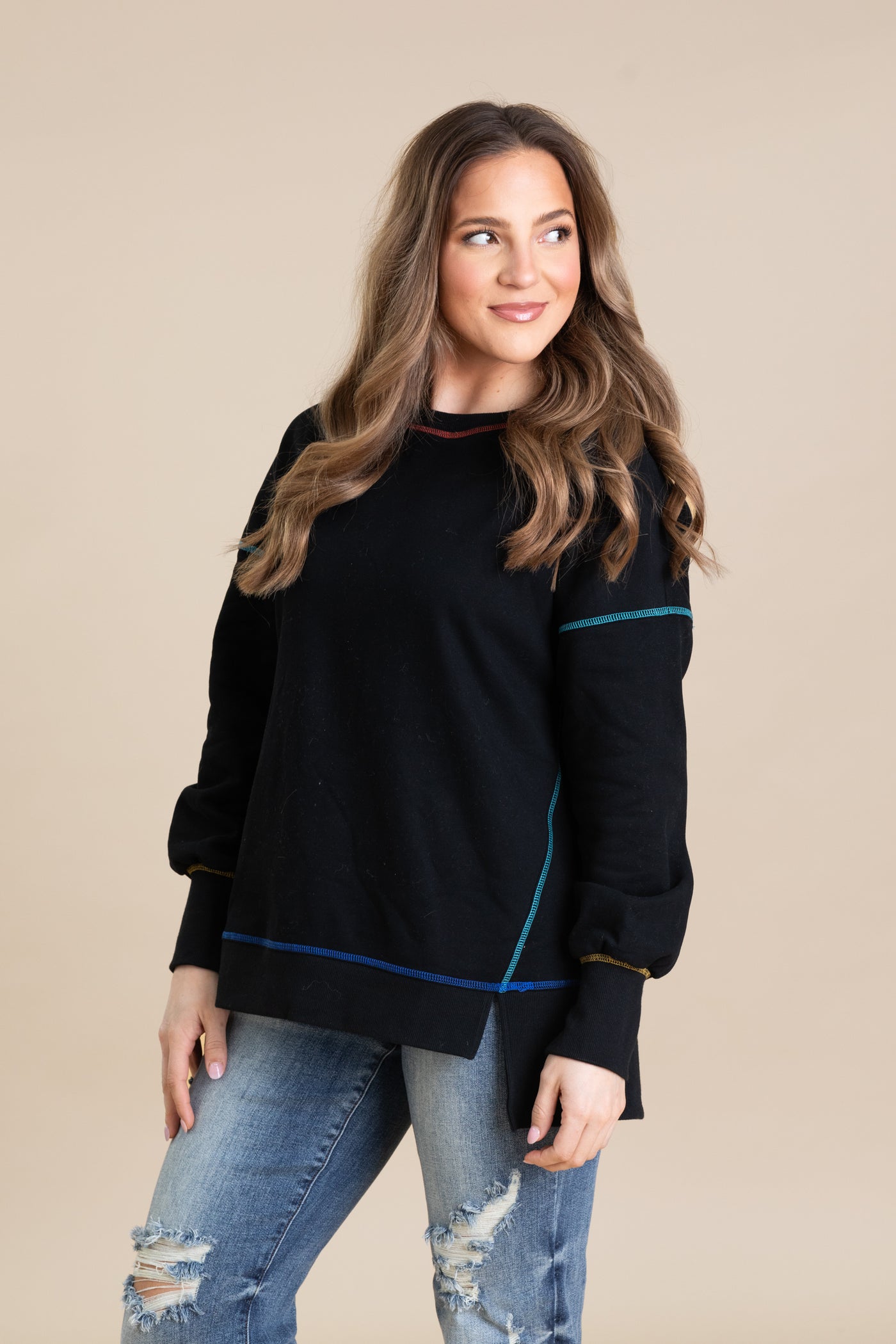 Knit Contrast Rainbow Stitching Sweatshirts