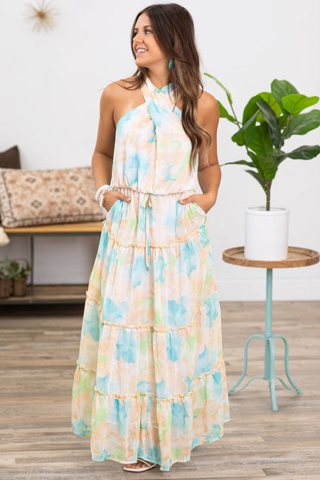 Peach Multicolor Floral Halter Neck Maxi Dress - Filly Flair