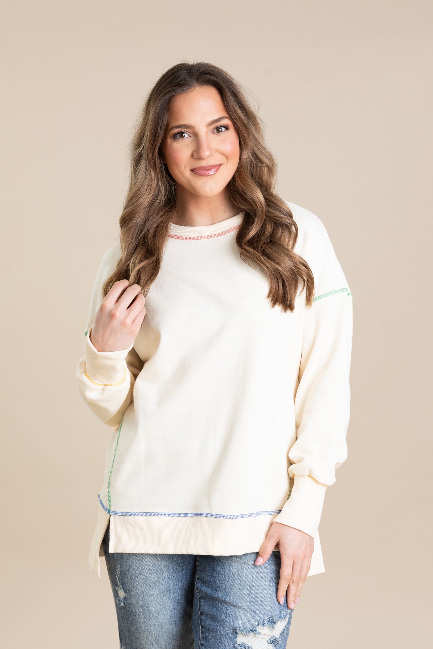 Knit Contrast Rainbow Stitching Sweatshirts