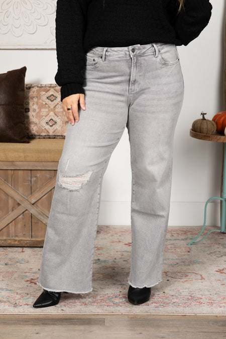 Mica Light Grey Knee Distress Wide Leg Jeans