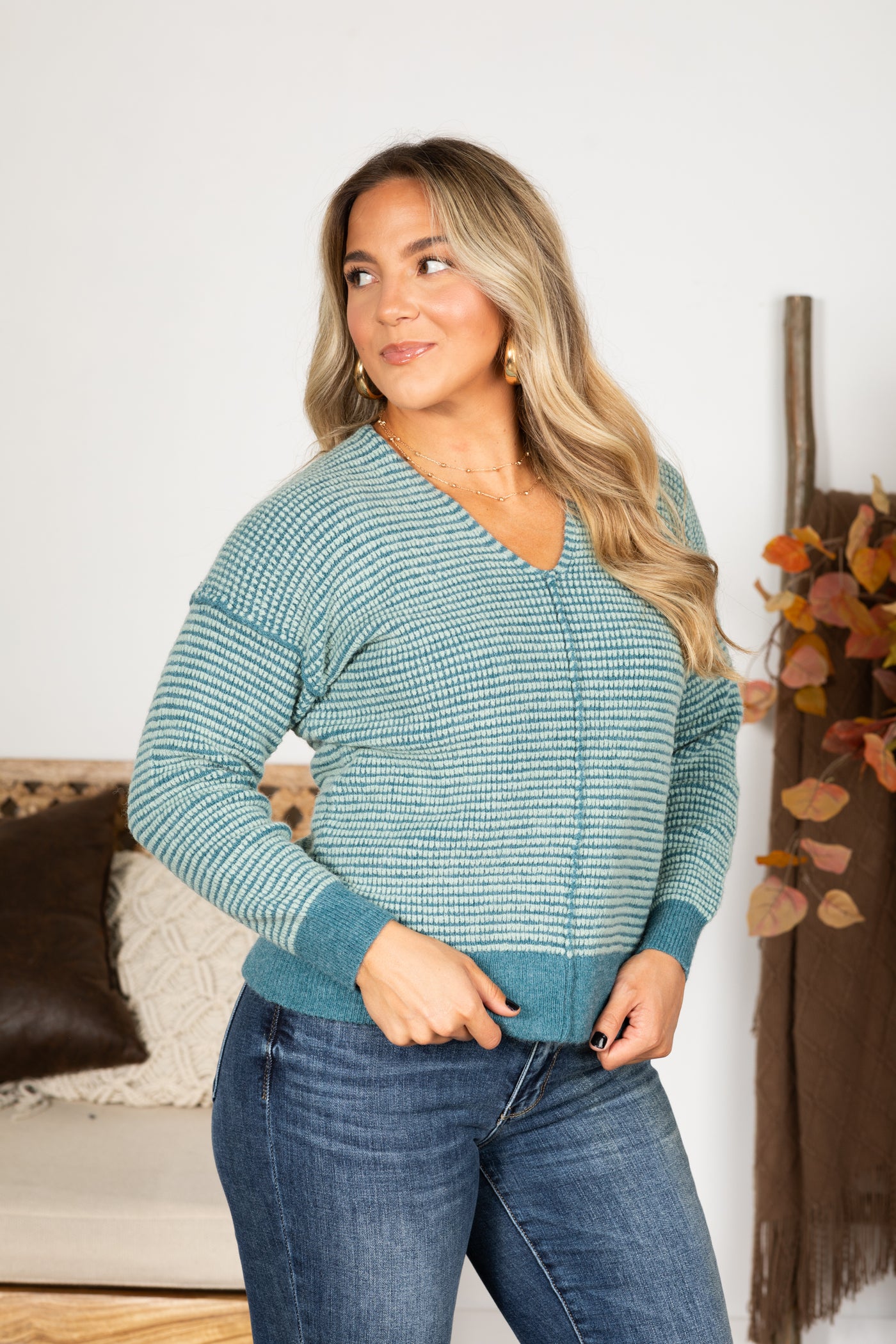 Teal Waffle Textured Front Seam Sweater