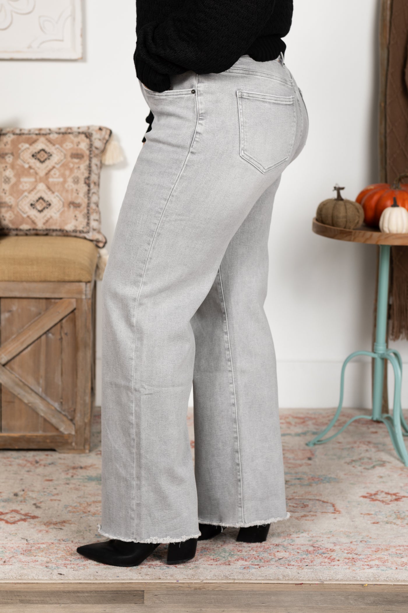 Mica Light Grey Knee Distress Wide Leg Jeans