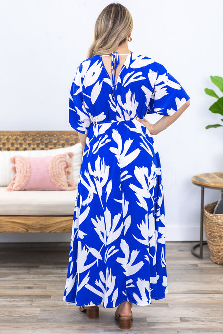 Royal Blue Print V-Neck Maxi Dress