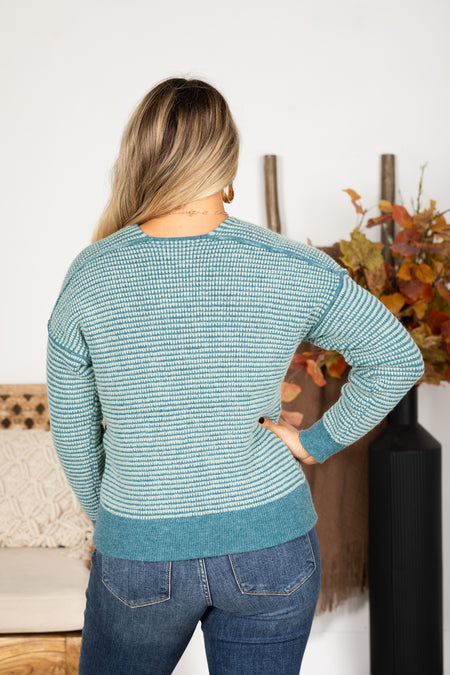 Teal Waffle Textured Front Seam Sweater