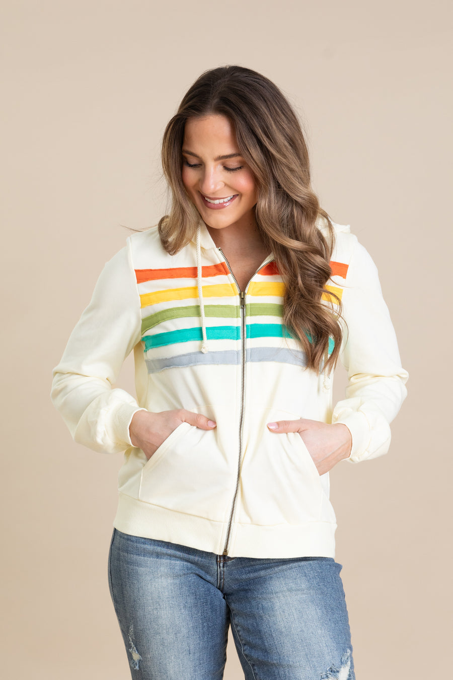 Cream Multicolor Stripe Patch Hoodie Jacket