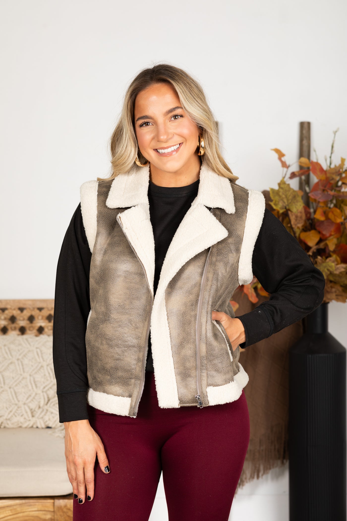 Mocha Faux Leather Side Pockets Sherpa Vest