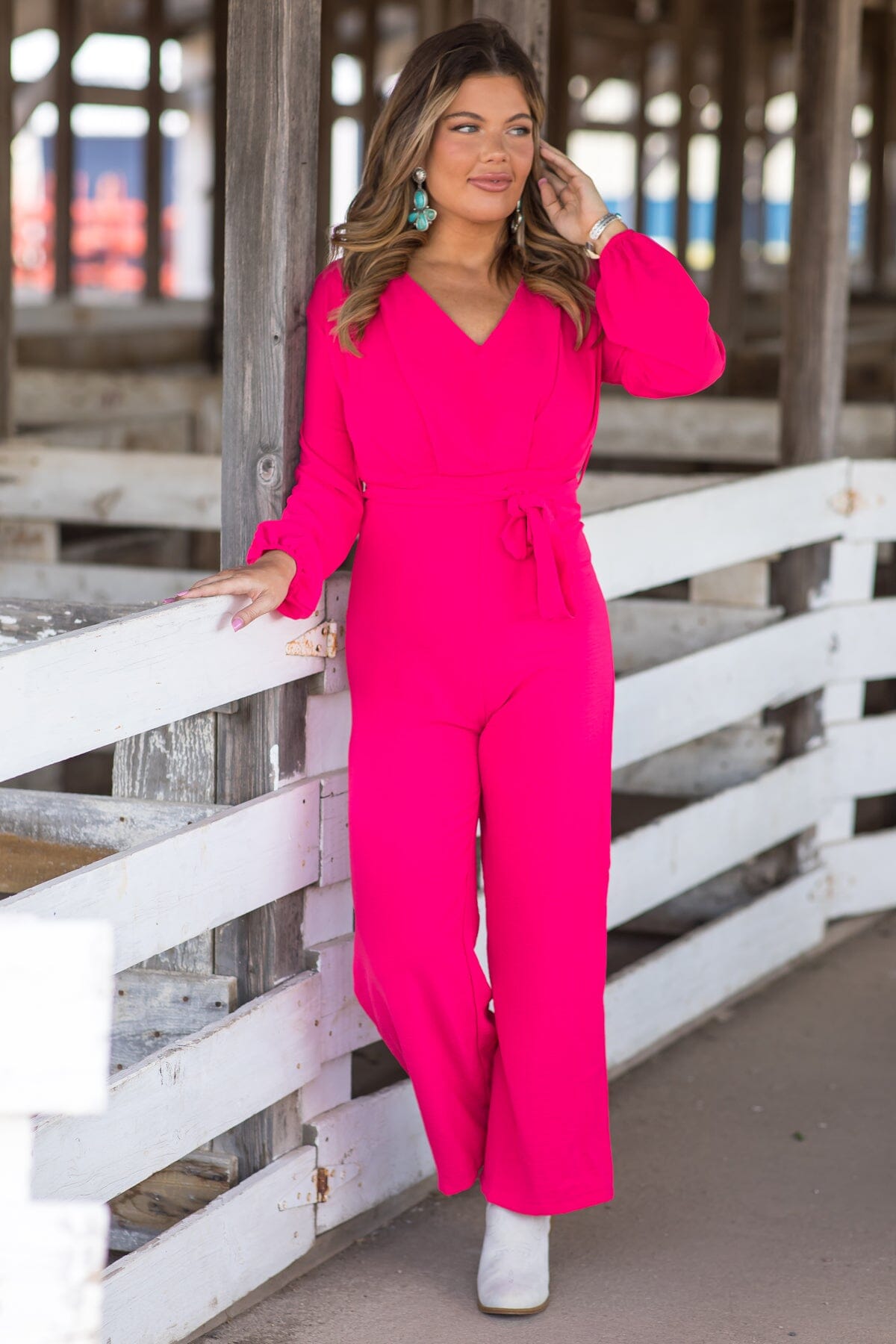 Hot Pink Long Sleeve Self Tie Waist Jumpsuit · Filly Flair
