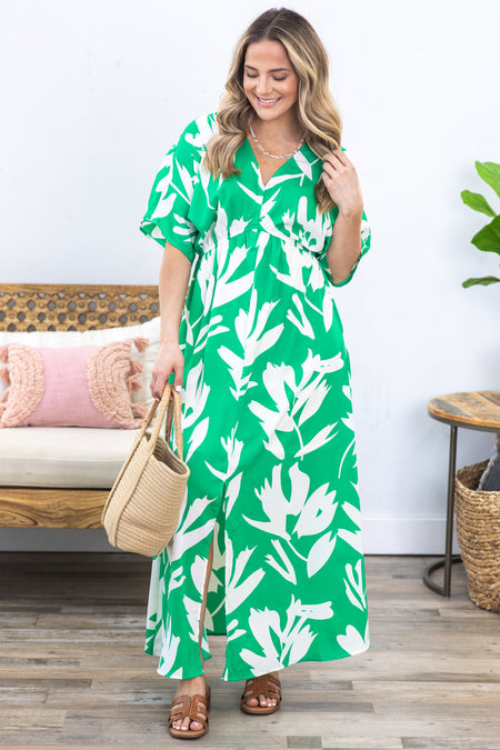 Kelly Green Print V-Neck Maxi Dress