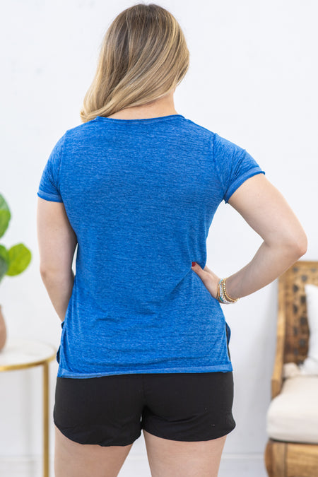 Blue Washed Melange V-Neck Knit Top