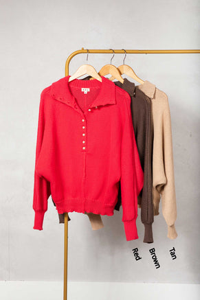 Dolman Sleeve Mock Neck Pearl Button Sweater