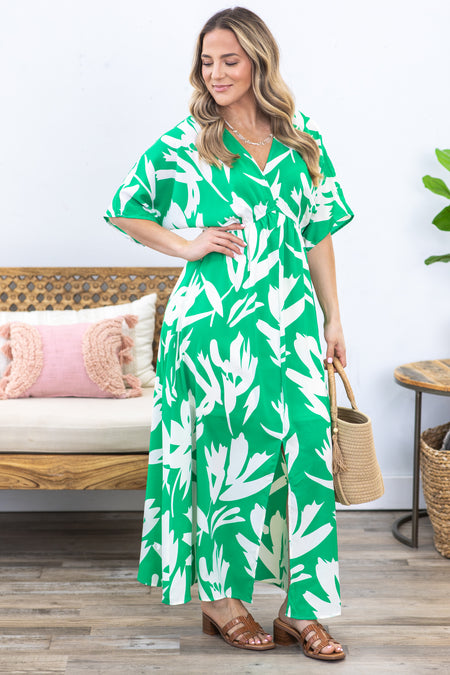 Kelly Green Print V-Neck Maxi Dress