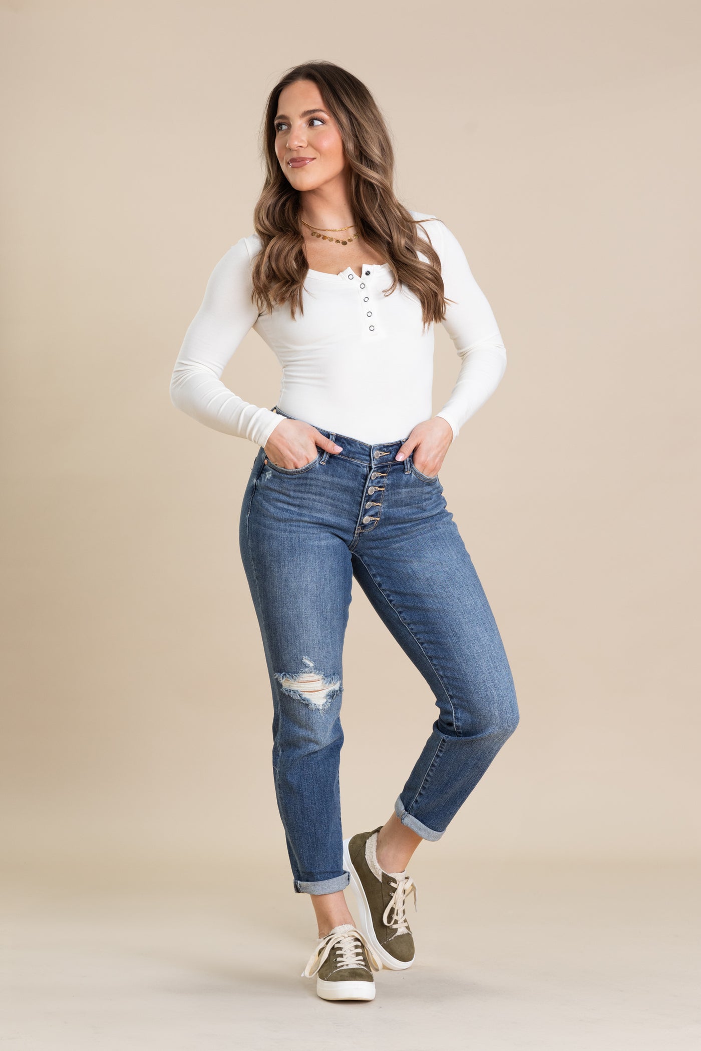 Judy Blue Button Fly Knee Destress Jean