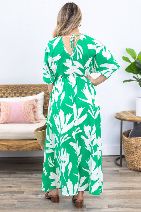 Kelly Green Print V-Neck Maxi Dress