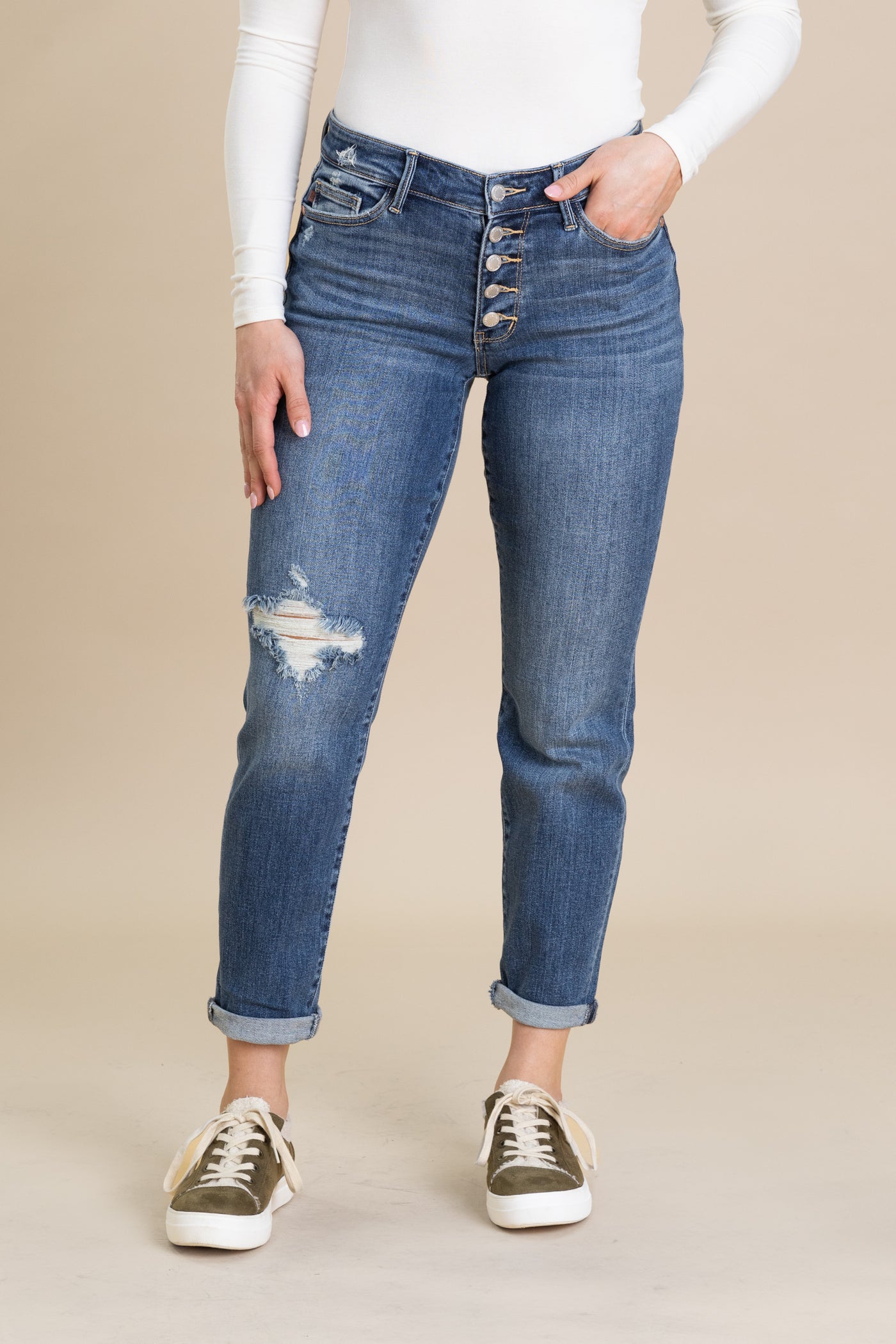 Judy Blue Button Fly Knee Destress Jean