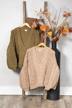 V-Neck Cable Chenille Sweater