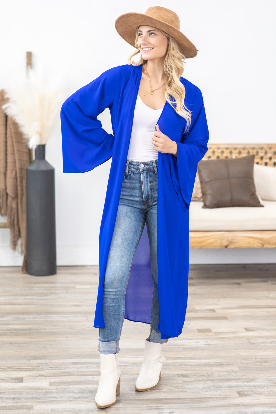 Royal Blue Solid Long Cardigan