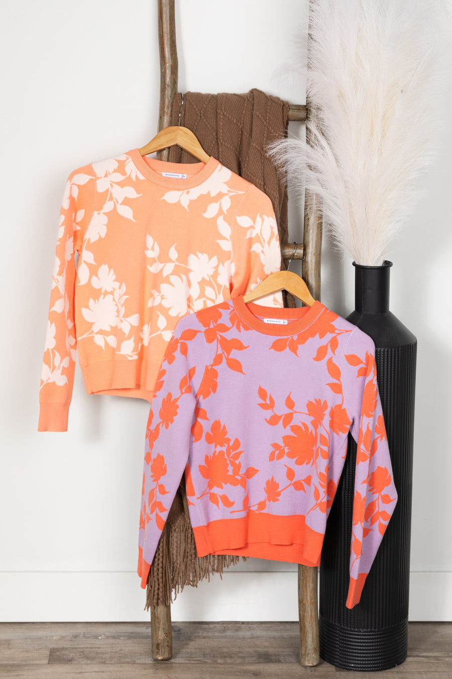 Jacquard Floral Crewneck Pullover Sweater