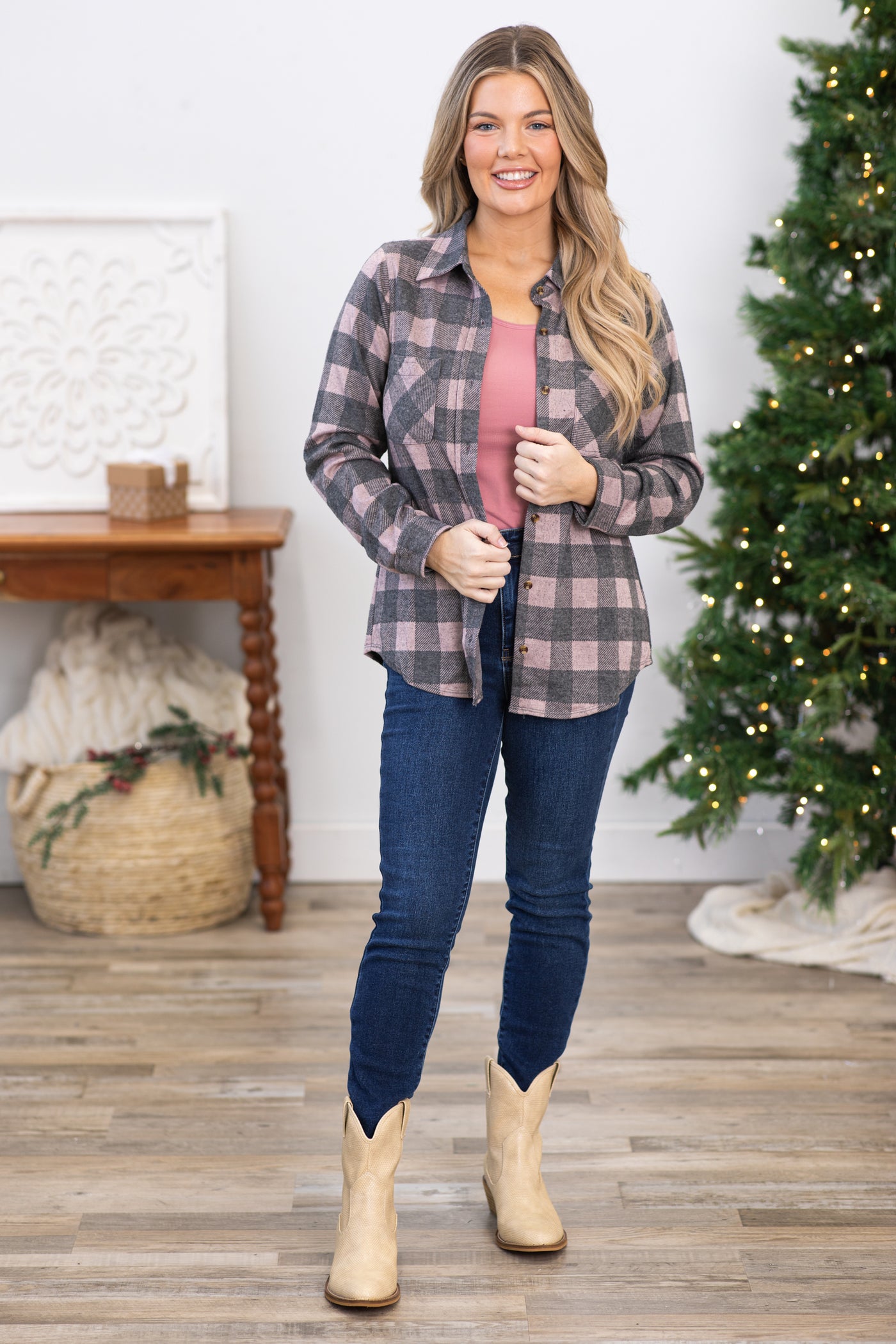 Grey and Pink Plaid Flannel Button Up Top