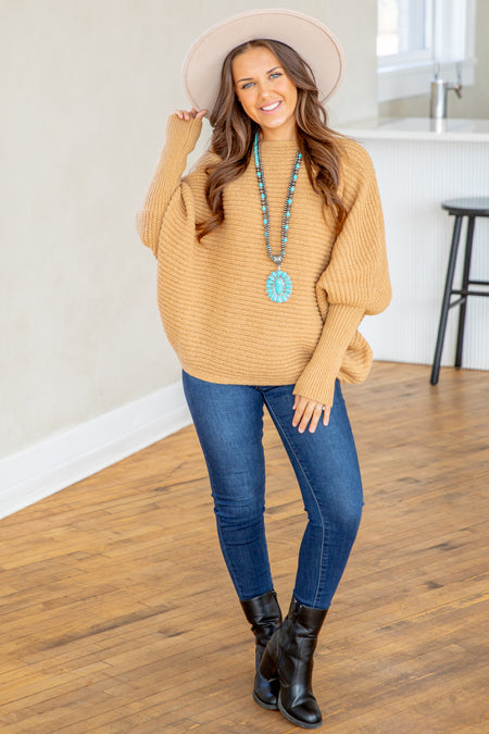 Camel Ribbed Slouchy Dolman Sleeve Sweater