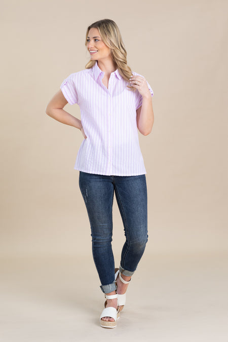 Lavender Seersucker Striped Woven Button Top