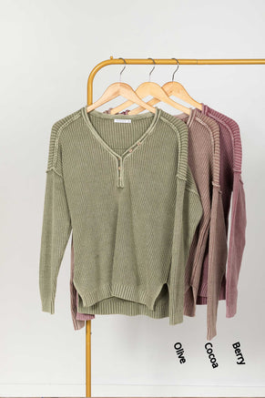 Washed Yarn V-Neck Button Detail Sweater