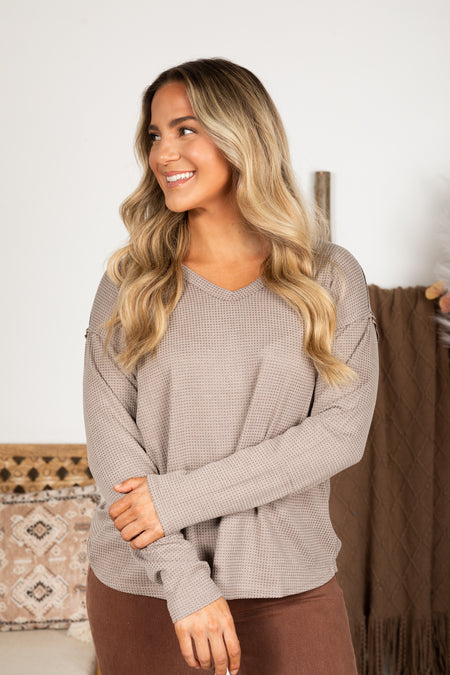 Waffle Knit Long Sleeve V-Neck Top