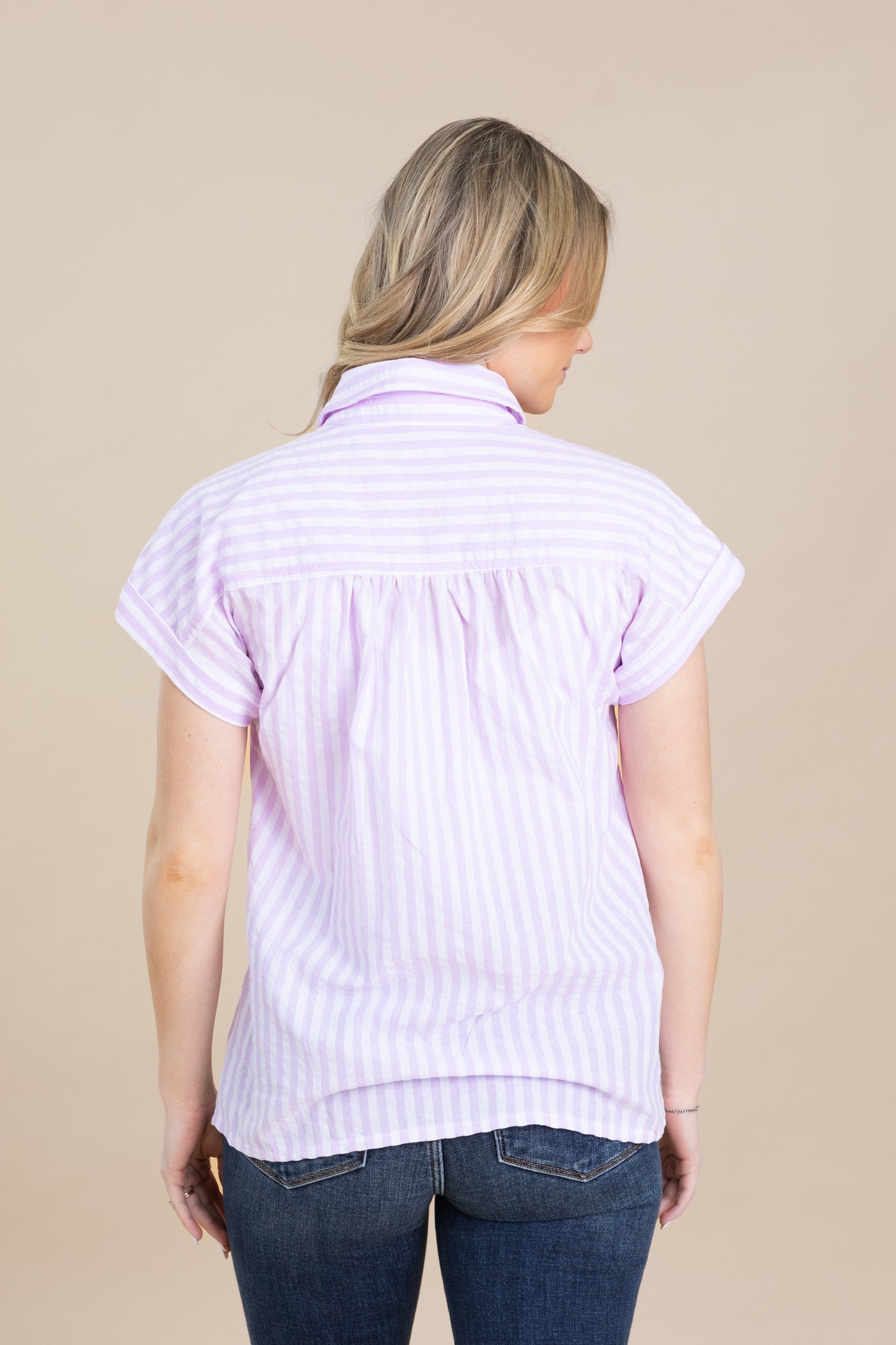 Lavender Seersucker Striped Woven Button Top